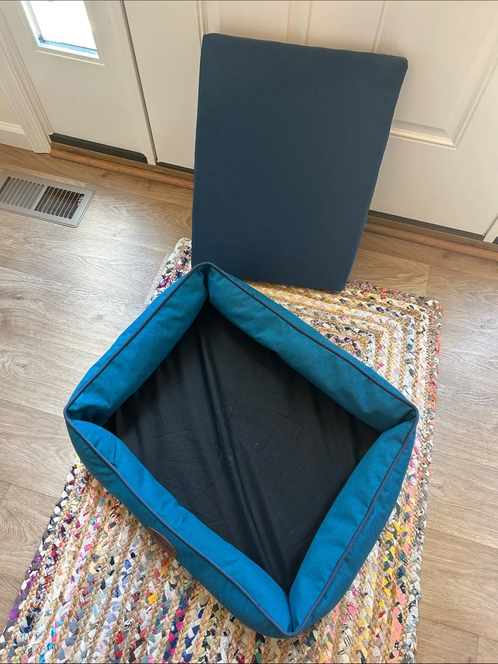 Teal Rectangular Pet Bed with Gray Plush Insert